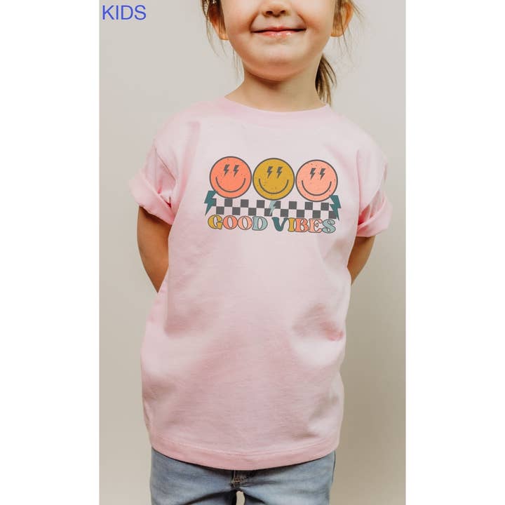 Good Vibes Lightning Bolt Smiley Kids Graphic Tee for wholesale by Kids By Kissed Apparel
