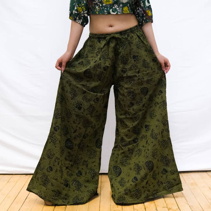 Karma Nepal Crafts - Wholesale Pants - Women's - Flowy Mushroom/Celestial Wide Leg Cotton Pants with Pockets1