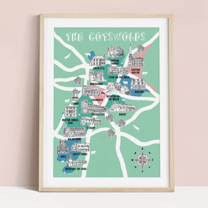 Stampa della mappa delle Cotswolds per la vendita all'ingrosso da parte di Bea Baranowska Illustration