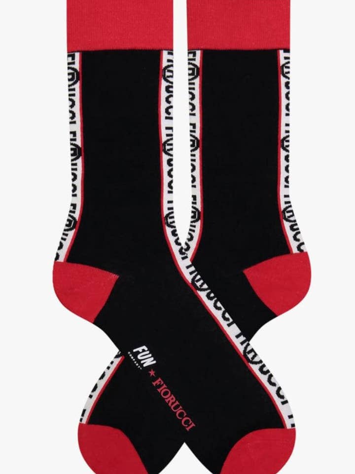 Fiorucci x Fun Black & Red Mid Calf Logo Text Socks for wholesale on Faire