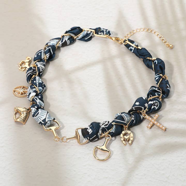 Horsebit Link Center Horse Horseshoe Pearl Cross Starburst Charm Station Fabric Necklace for wholesale by Sensibling Corp.