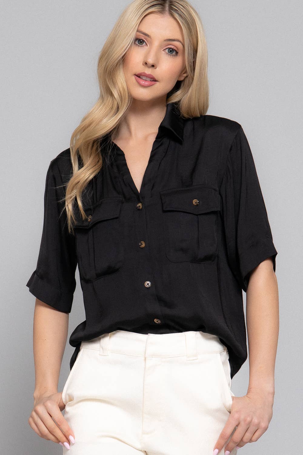 Active Basic | Active USA - Wholesale Buttoned-down shirt – Women's - Short Sleeve Button Down Washed Dull Satin Shirt