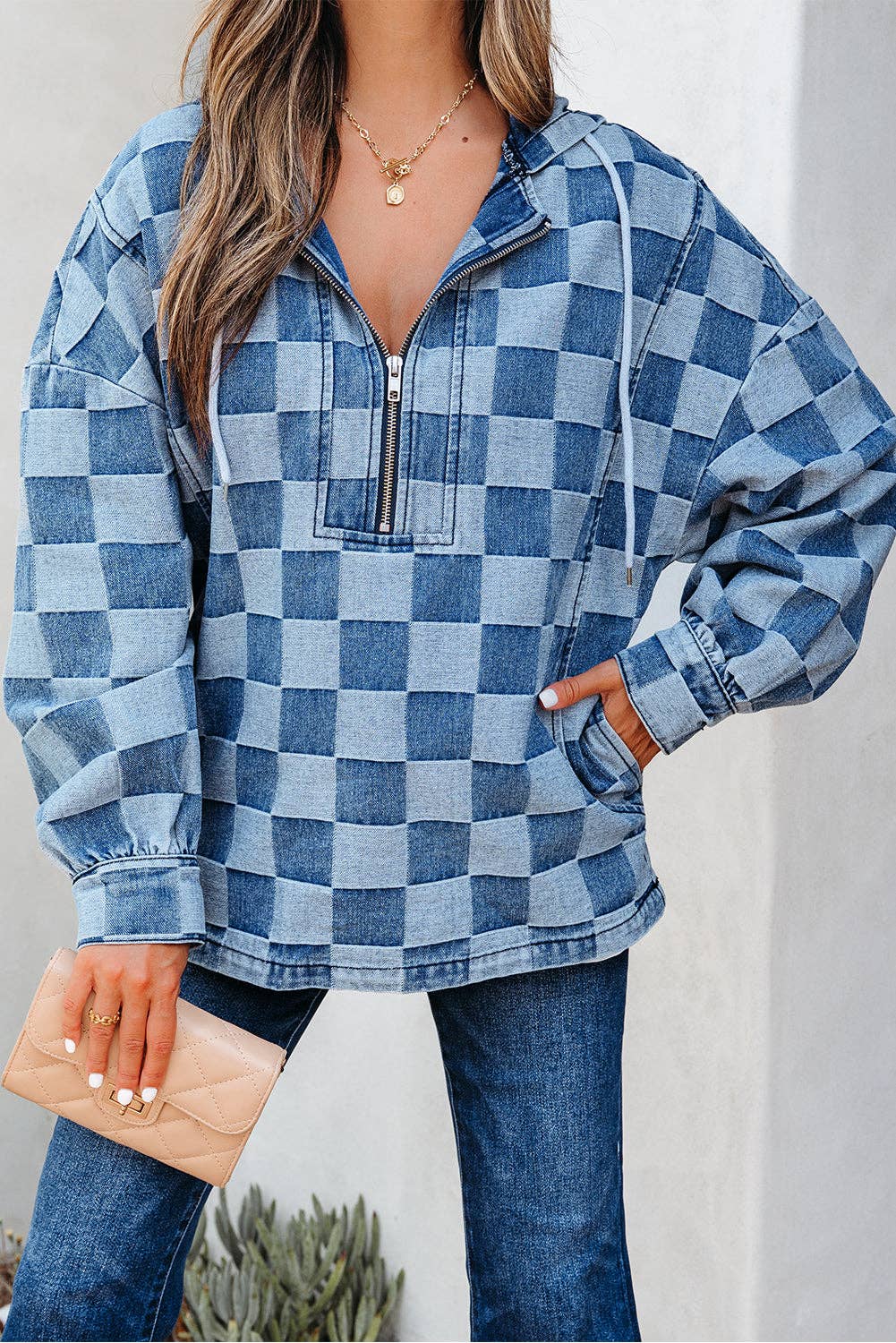 Sky Blue Checker Denim Half-Zip Pocketed Hoodie for wholesale on Faire