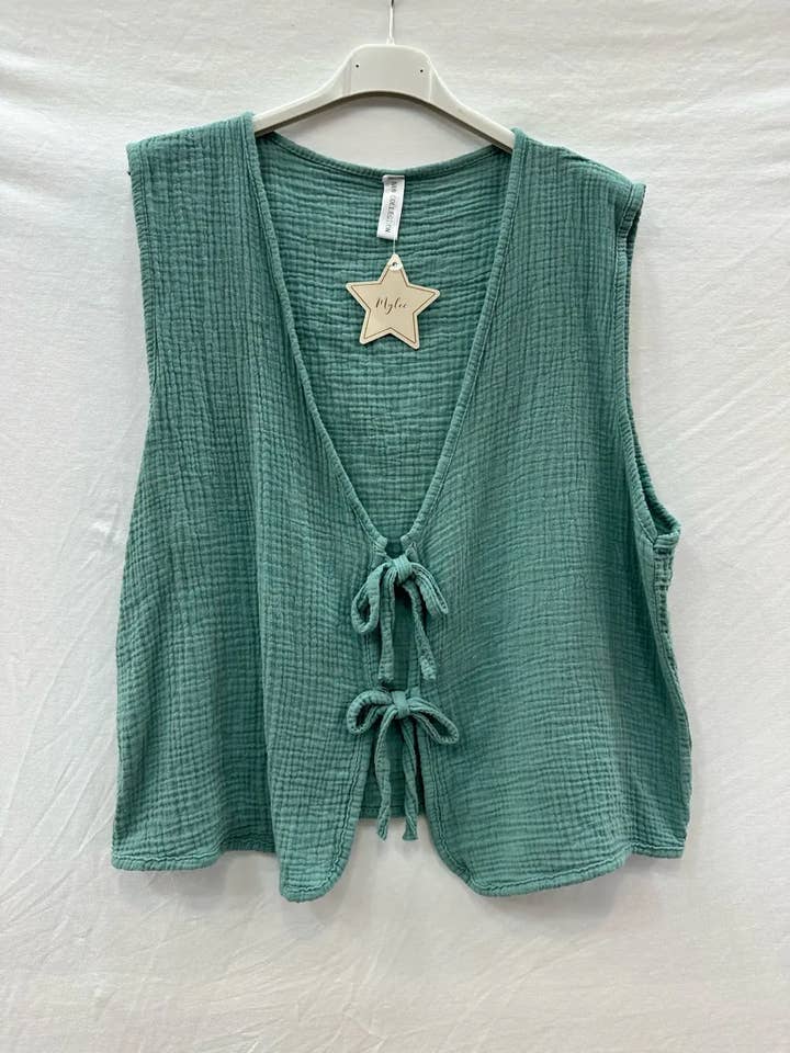 Mimi & Gogo - Wholesale Outerwear Vest - Women's - Cotton gauze tie-front top cardigan @59309_GANouer6