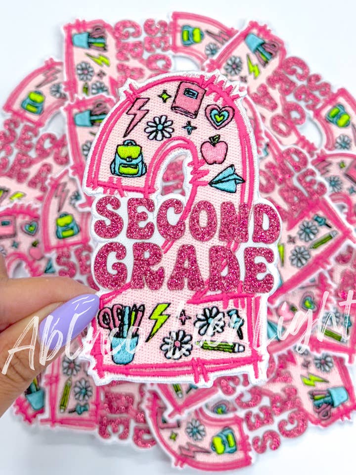 Second grade glitter school bookbag embroidery patch iron for wholesale by ABLNco