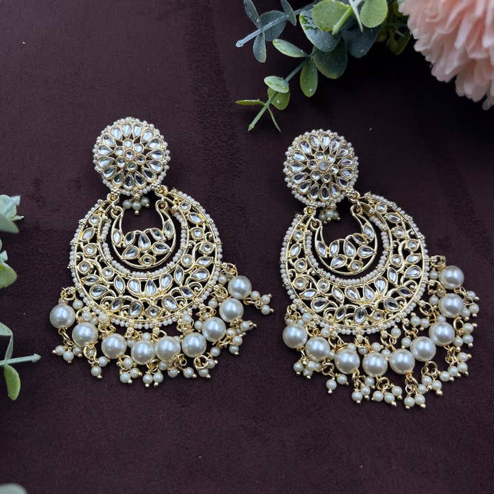 Kundan Polki Chandbali Pearl Bollywood Indian Earrings for wholesale by Vastrabhushan