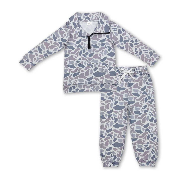 Yawoo Garments - Vente Ensemble haut et pantalon – enfant - Pantalon à poches zippées gris camouflage pour enfants garçons vêtements0
