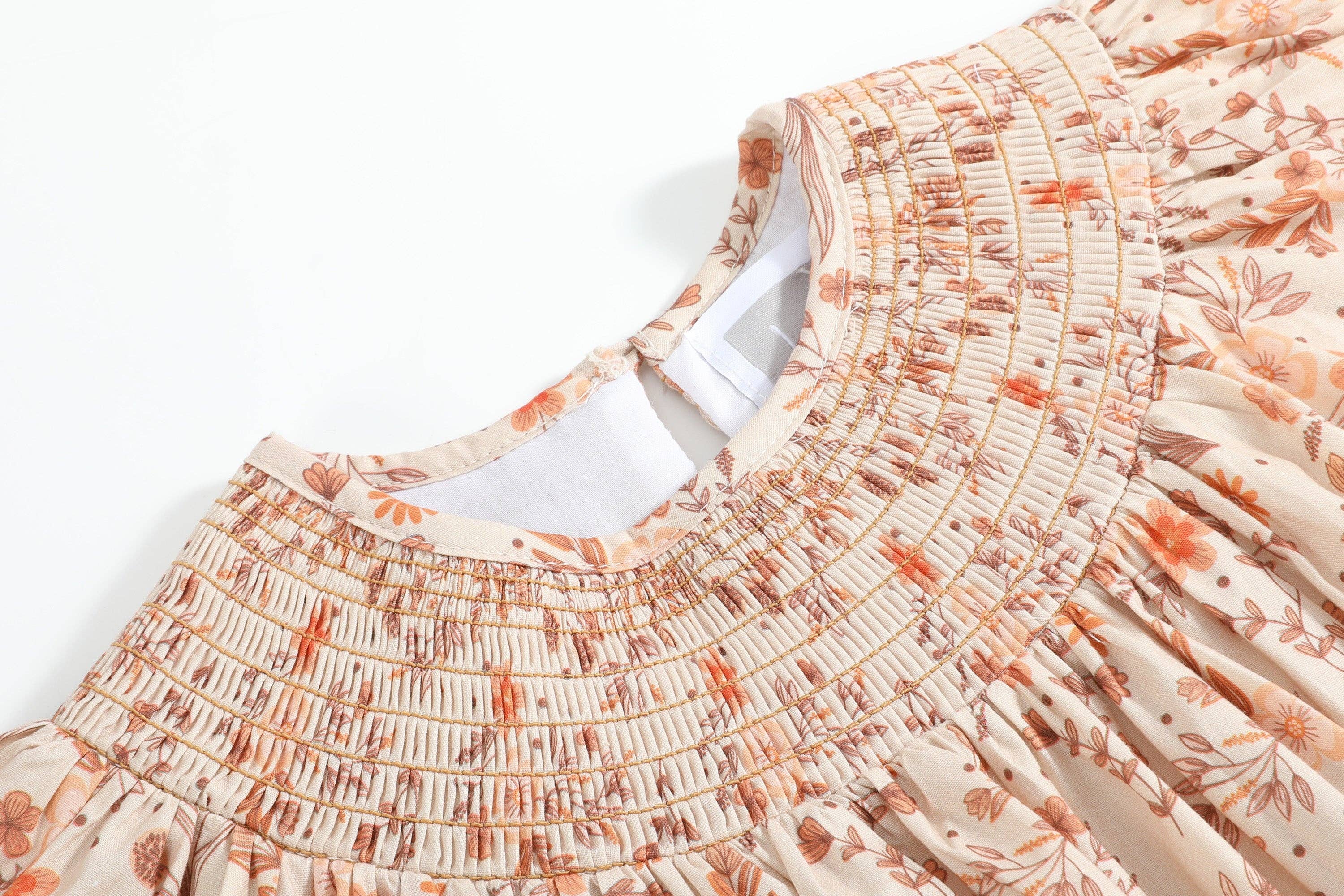 Lil Cactus - Wholesale Dress - Kids - Brown Floral Smocked Bishop Dress2