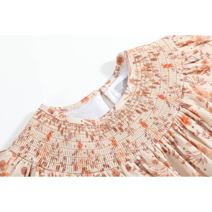 Lil Cactus - Wholesale Dress - Kids - Brown Floral Smocked Bishop Dress2