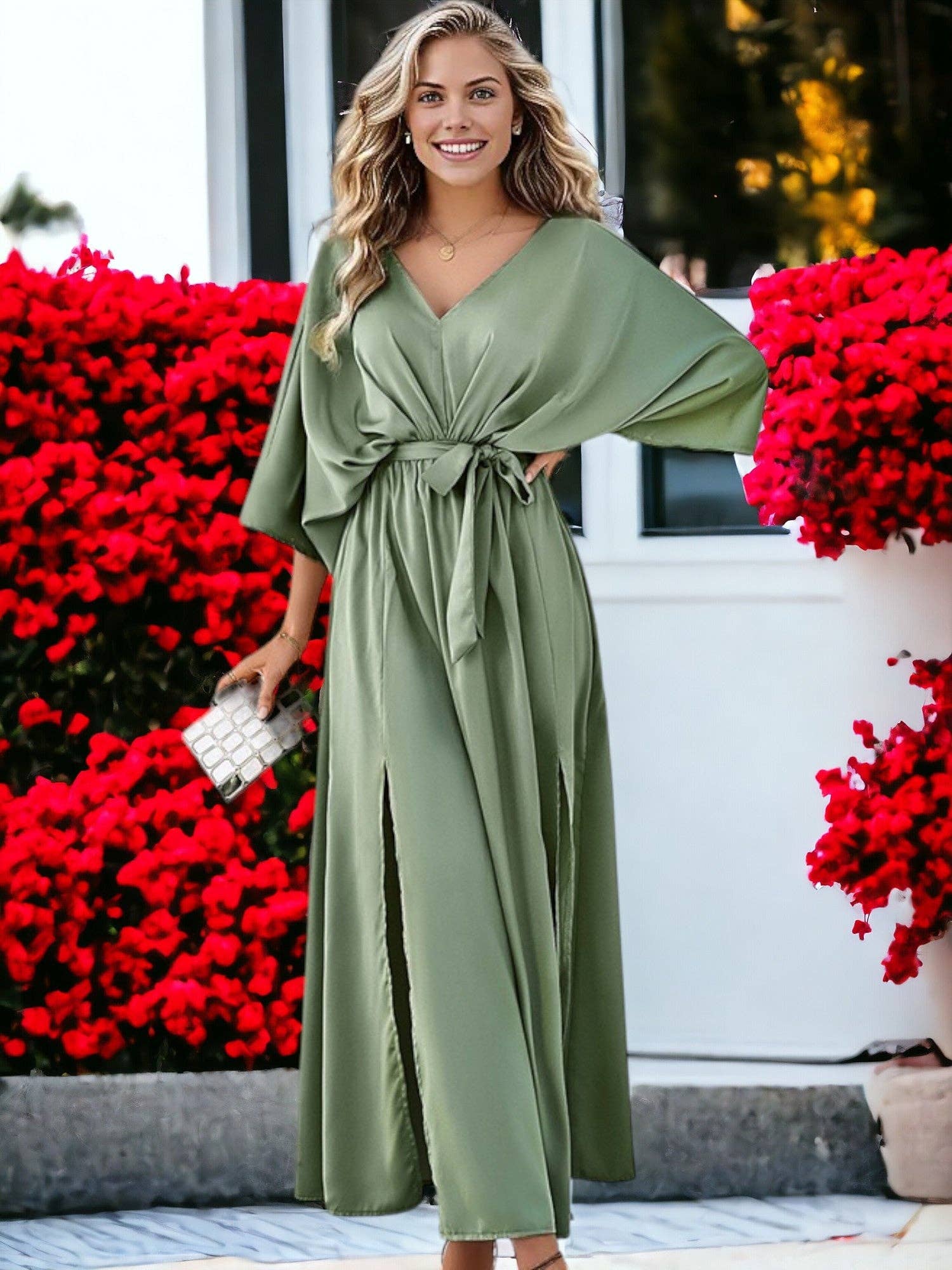 Anna Kaci Wholesale - Wholesale Dress - Women's - Elegant V-Neck High Waisted Tie Loose Long Split Maxi Dress7