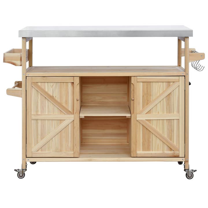 Orange County Decor - Wholesale Outdoor Grill Tools - K&K Outdoor Kitchen Island, Rolling Bar Cart & Storage Cabinet, Farmhouse Solid Wood Outdoor Grill Table With Stainless Steel Top, Spice Racktowel Rack For Kitchen & Bbqnatural Natural Garden &12