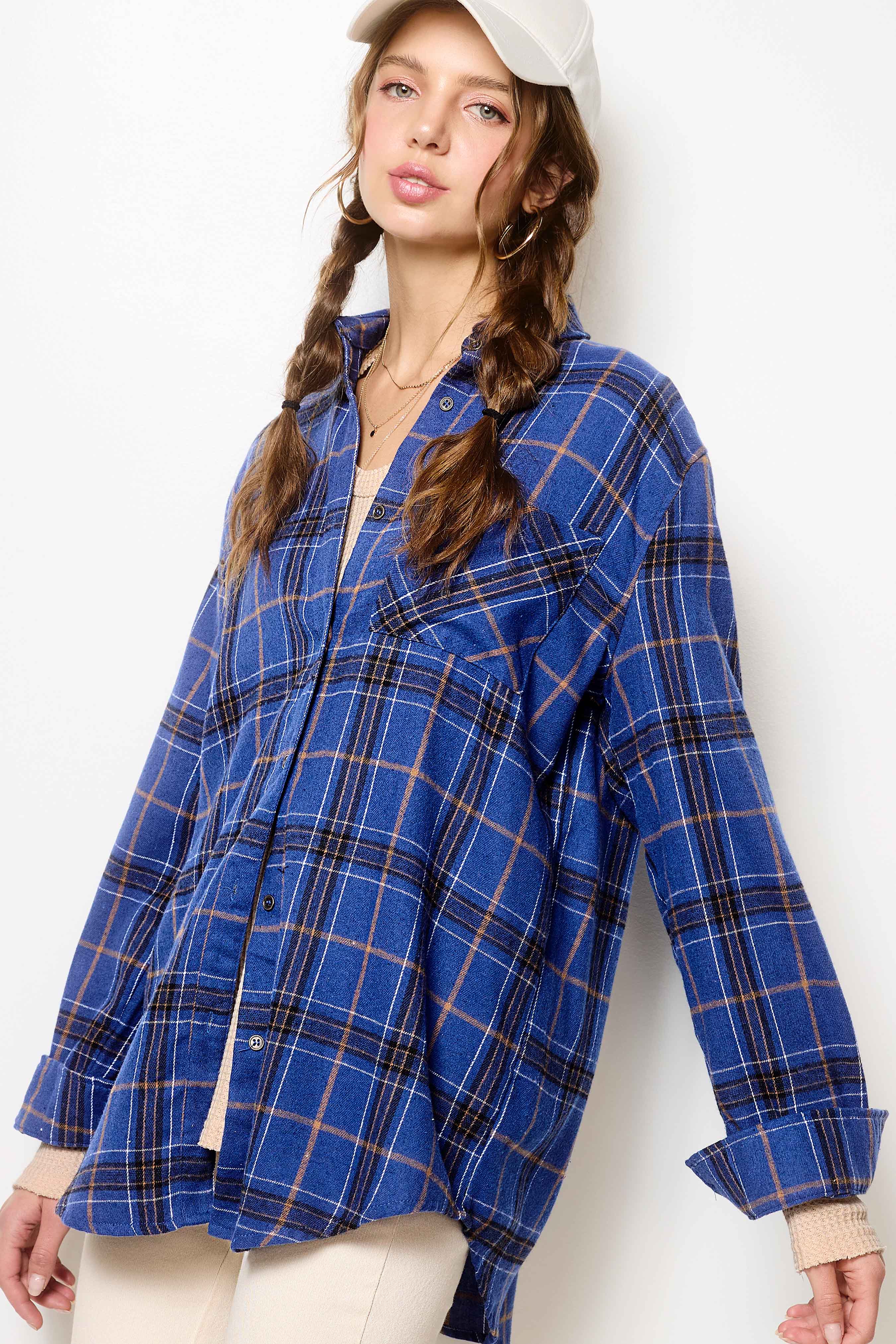 La Miel - Wholesale Button Down Shirt - Women's - SRT1312-Loose Fit Button Down Soft Fabric Plaid Shirts9