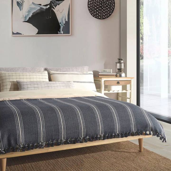 Moa - Wholesale Throw Blanket - Navy Blue Throw Blanket & Bedspread with Stripes