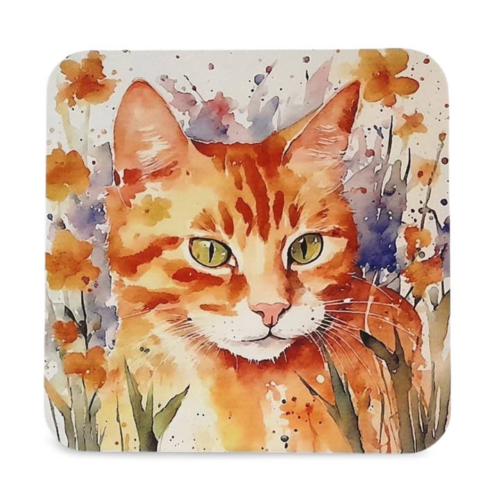 Ginger Cat Drink Coaster, Water Colour Style for wholesale by Rockways Designs