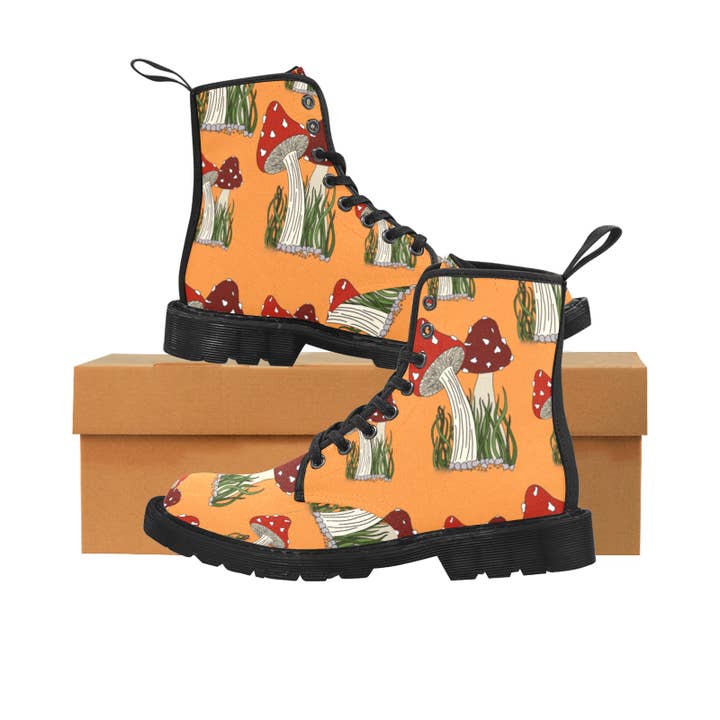 Women’s boots mushroom print, orange for wholesale by ShawnnaRaeArt
