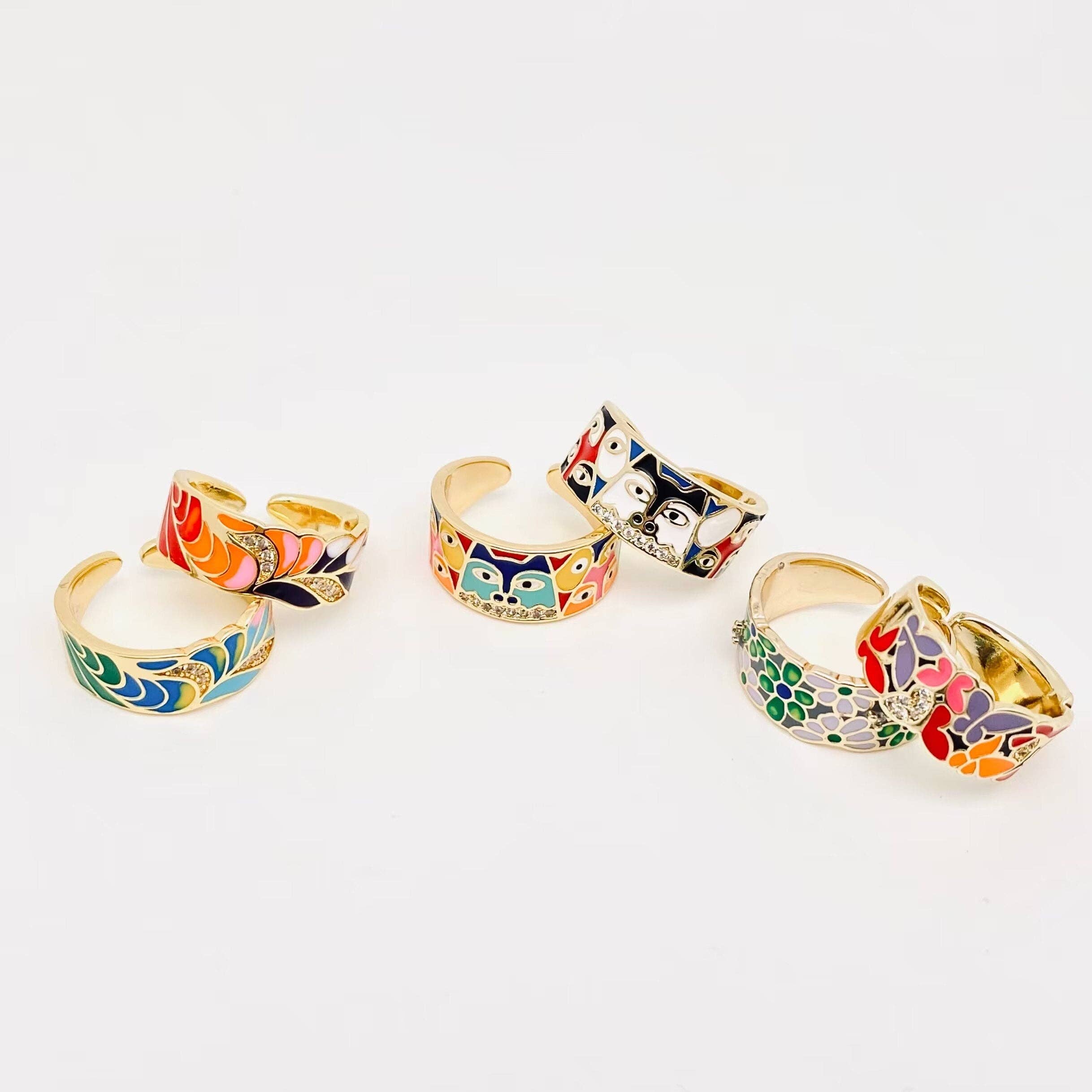 Mio Queena - Wholesale Cocktail/Statement Ring - Multi-style Enamel Gold-plated Ring |Flowers|Butterfly|Eyes7