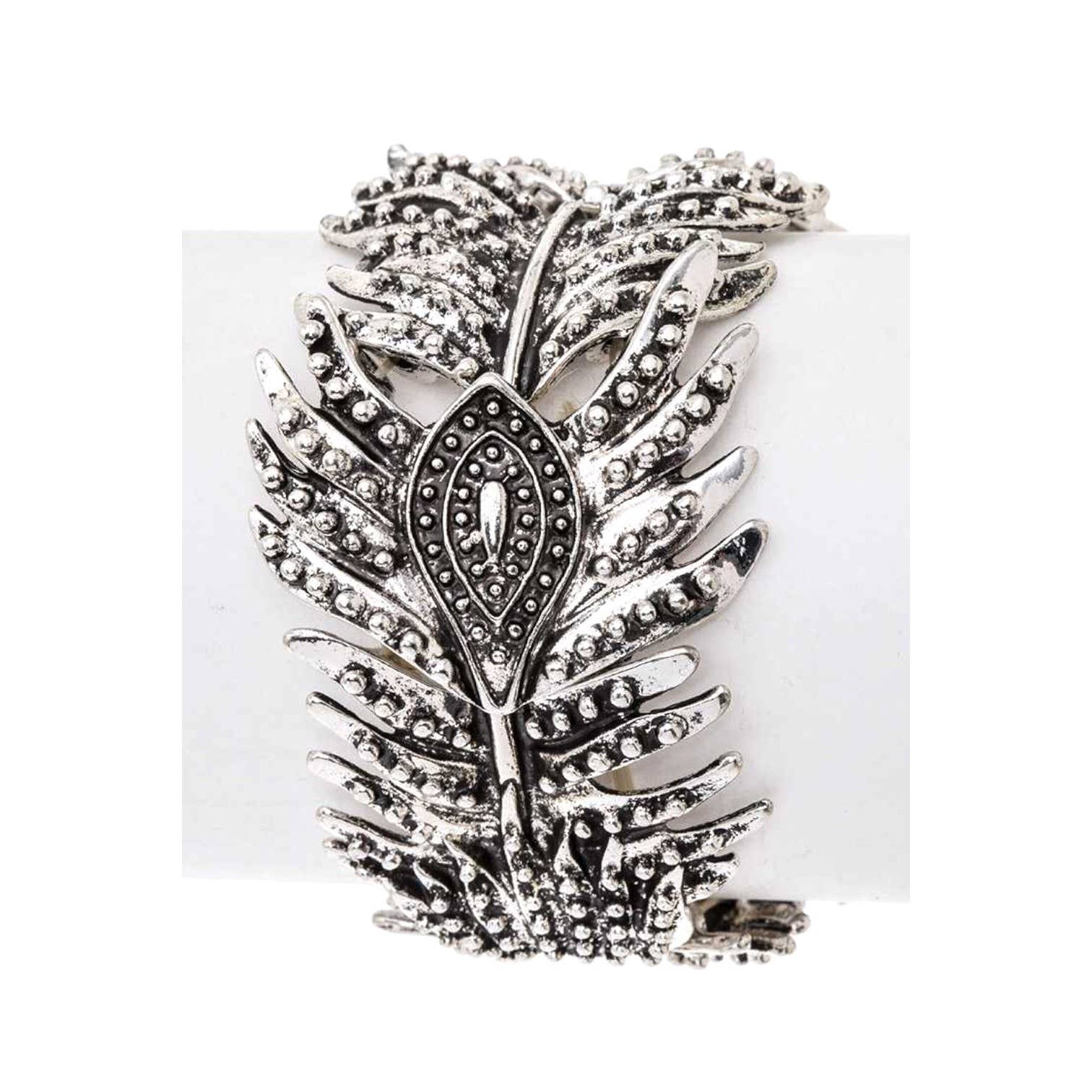 Silver Textured Peacock Feather Stretch Bracelet for wholesale on Faire