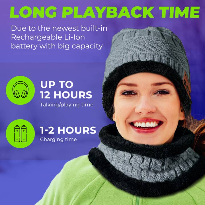 SWIRLLINE - Wholesale Beanie - Unisex - Gray Warm Headphone Bluetooth Beanie Wireless Hat with Scarf