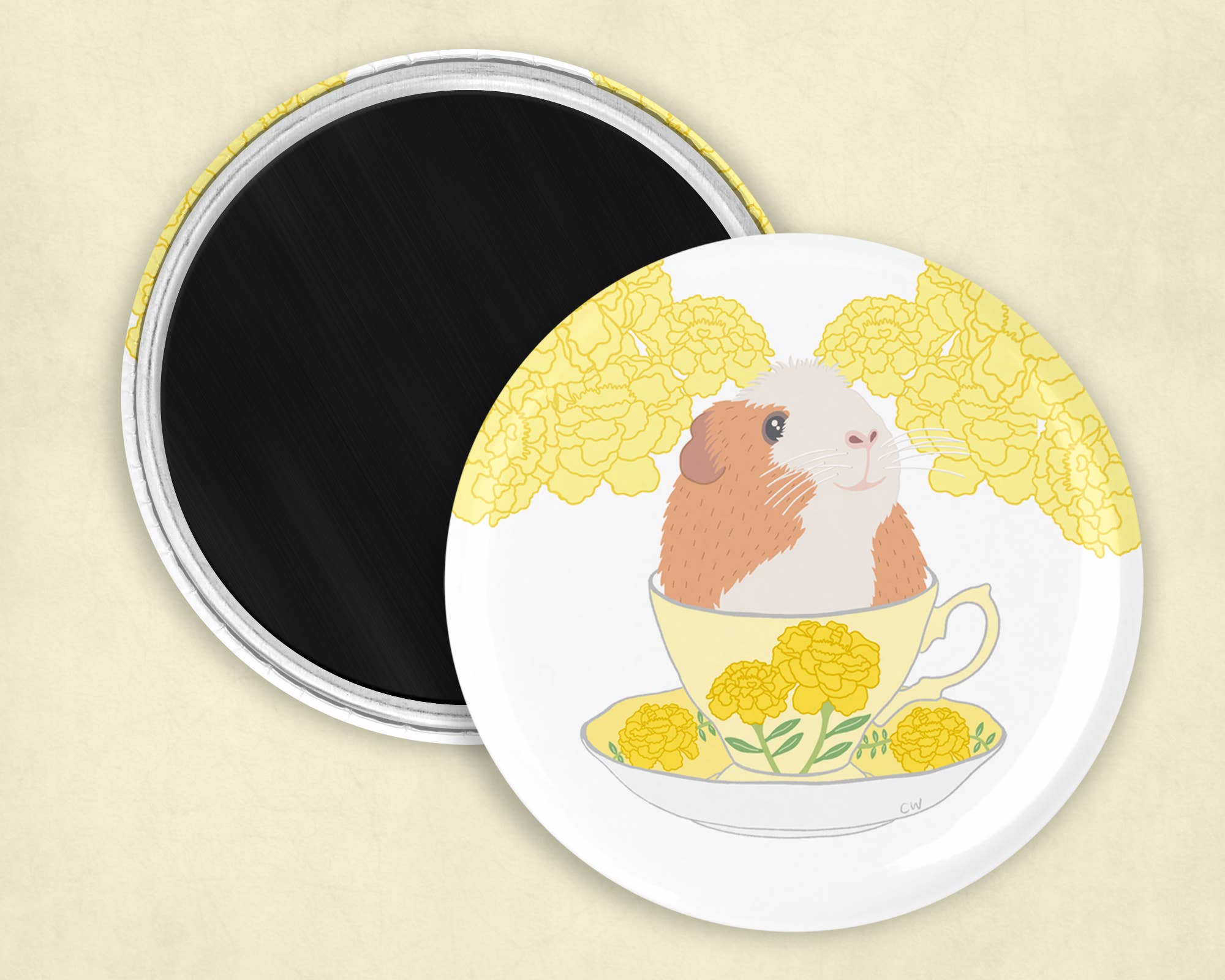 Caroline W Illustration - Wholesale Magnet - Guinea pig in teacup magnet (2.25 inch diameter)2
