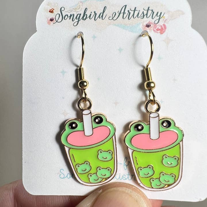 Songbird Artistry – wholesale Dangle earrings – Adorable Frog Boba Tea Earrings