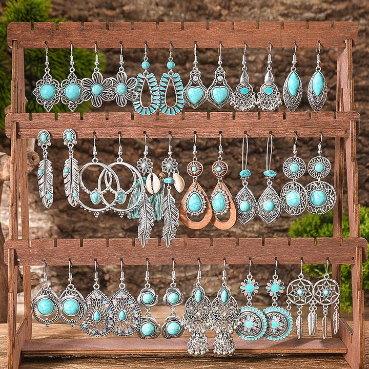 Bohemian Style Turquoise Earrings Set Oval Tassel Dangle Jewelry for wholesale by Halcyon Outfitters®