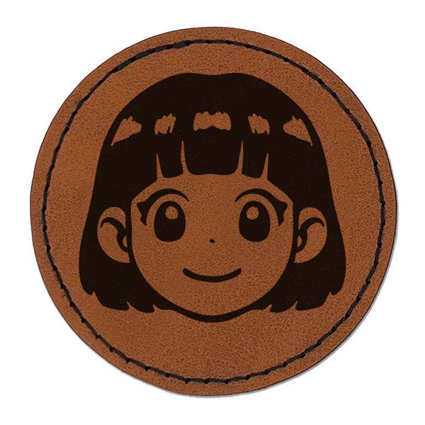 Anime Manga Girl Smile Cute Round Iron-On Engraved Faux Leather Patch Applique - 2.5 Inch for wholesale by Sniggle Sloth