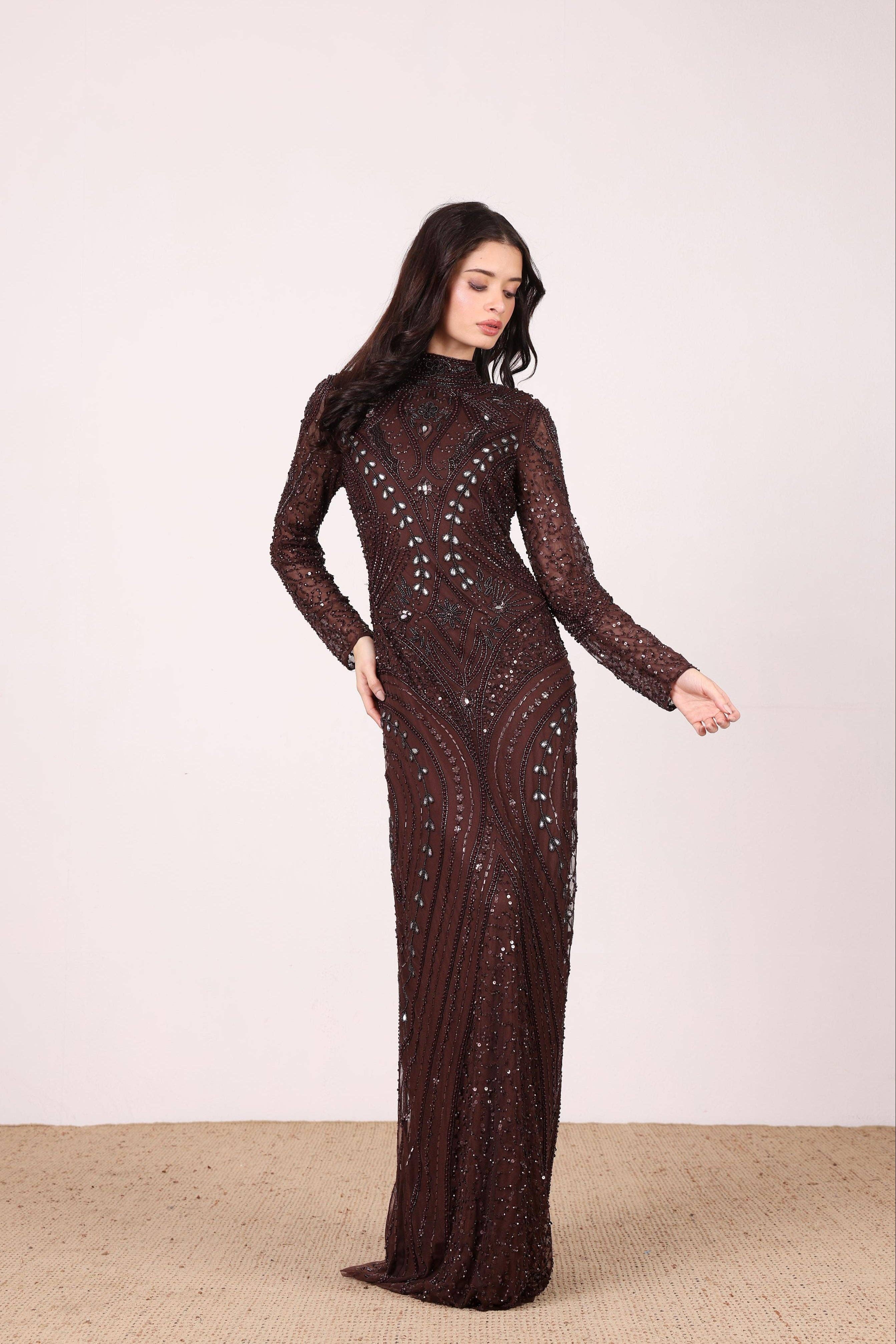 Lotus Embellished Maxi Dress in Chocolate Brown for wholesale on Faire3