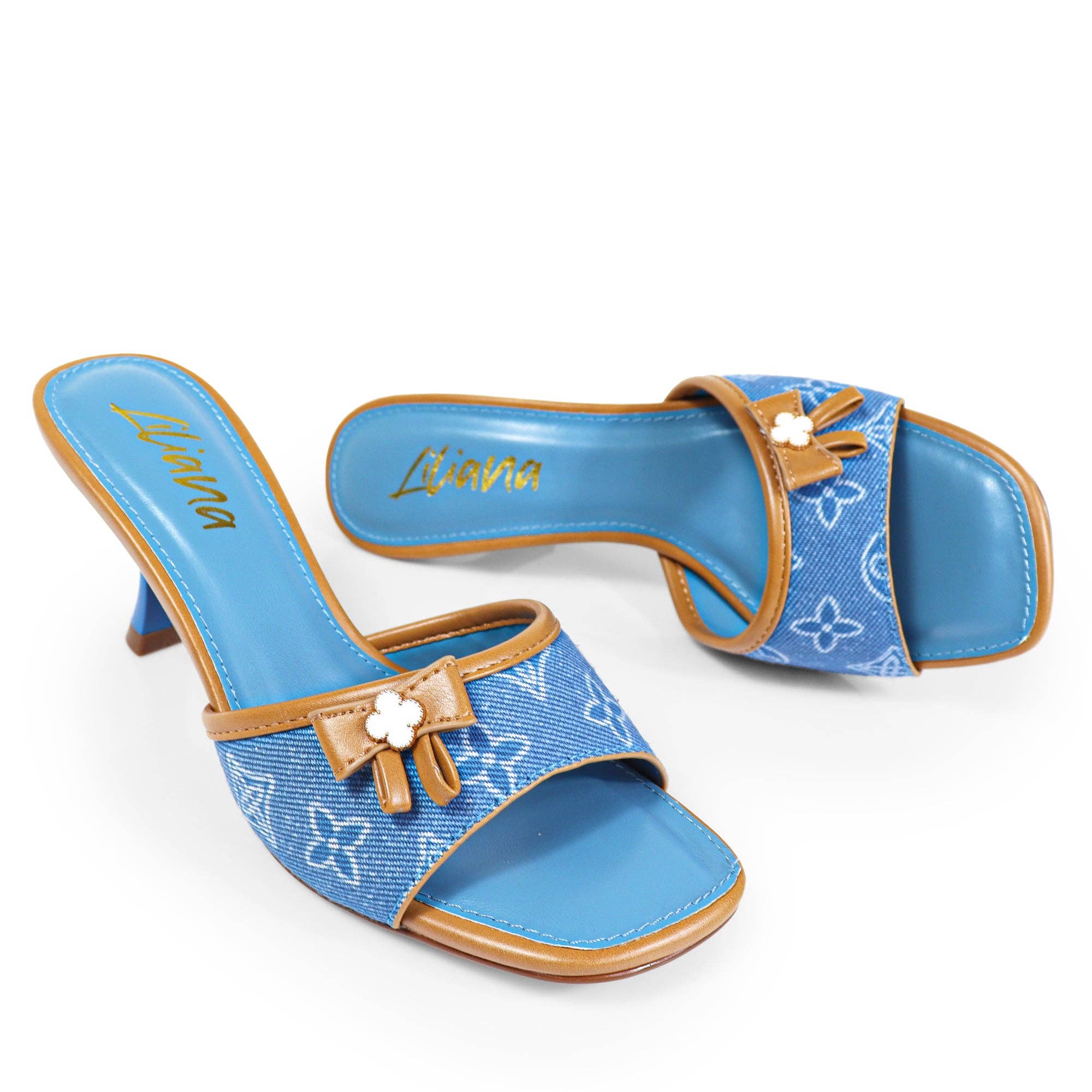 Denim DANA-1 MULE À BOUT OUVERT IMPRIMÉ TALON KITTEN EN DENIM en vente sur Faire3