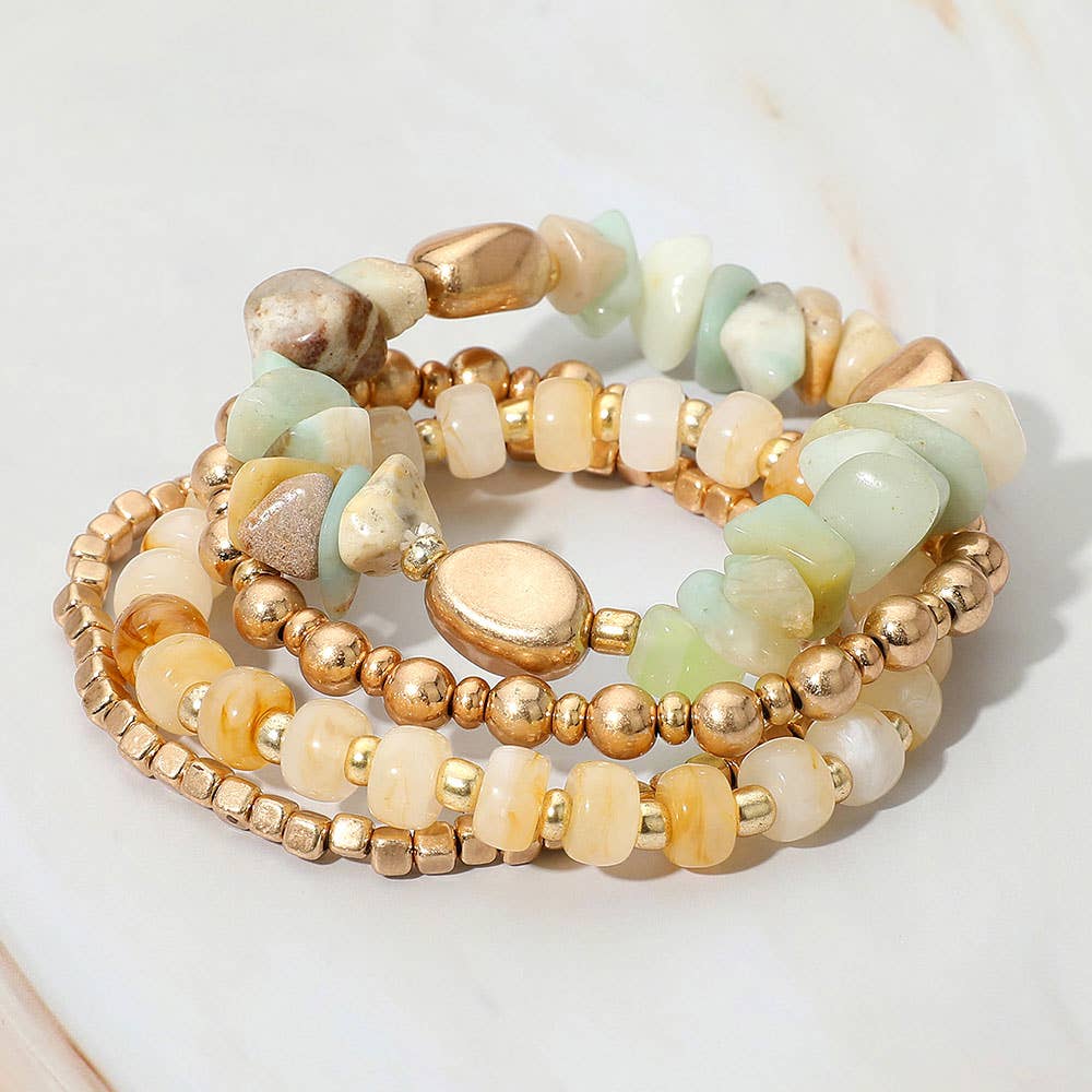 Sensibling Corp. - Wholesale Jewelry Set - 4PCS - Natural Stone Metal Ball Beaded Stretch Multi Layered Bracelets0