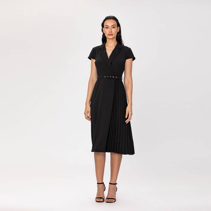 Pleated midi dress with tailored collar for wholesale by Smart and Joy