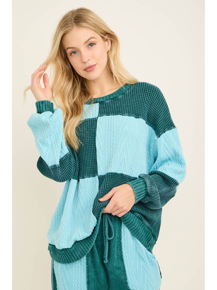 J.Her - Wholesale Knit Sweater - Women's - Mineral Washed Fall Winter Boho block Sweather Top HT67917