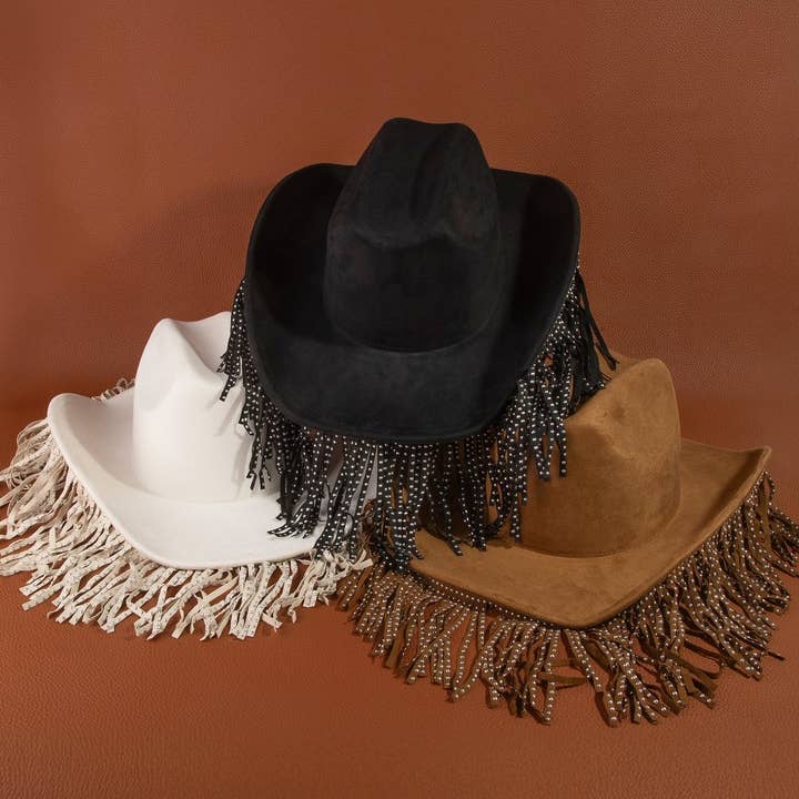 Sombrero vaquero occidental con ribete de flecos con tachuelas para venta al por mayor de Collections by Fame Accessories