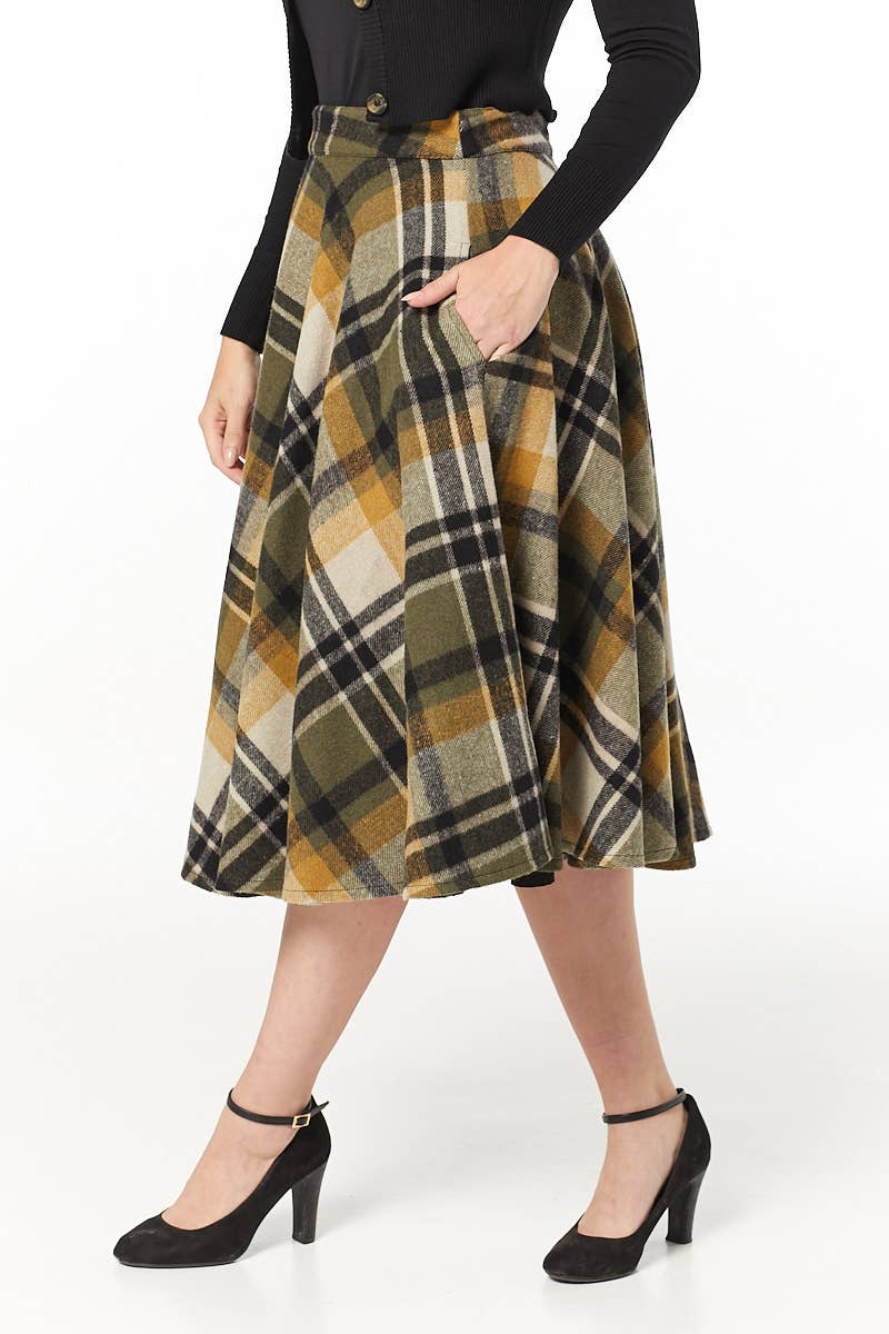 Wholesale Sophie Khaki Woollen Check Tartan Midi Swing Skirt for