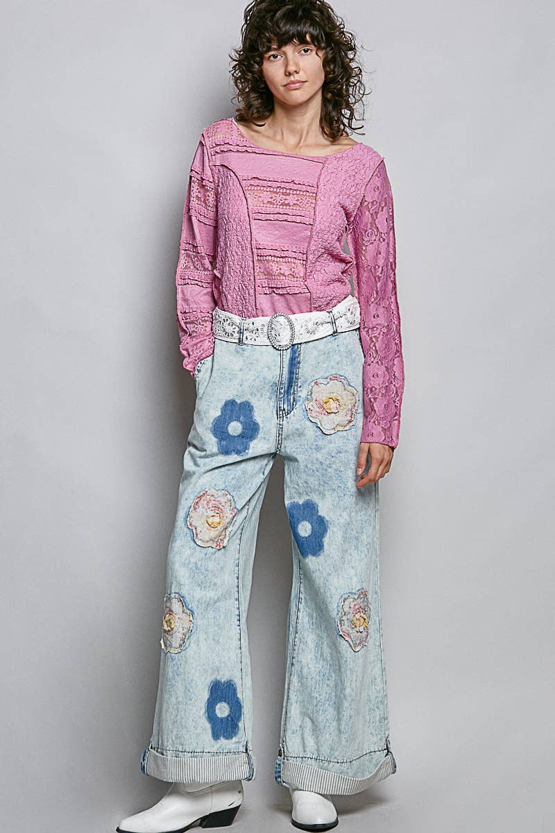 Pol Clothing - Wholesale Pants - Women's - Floral Patchwork Rolled-up Denim Straight Pants8