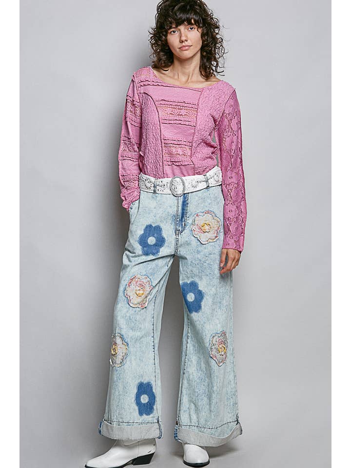 Pol Clothing - Wholesale Pants - Women's - Floral Patchwork Rolled-up Denim Straight Pants8