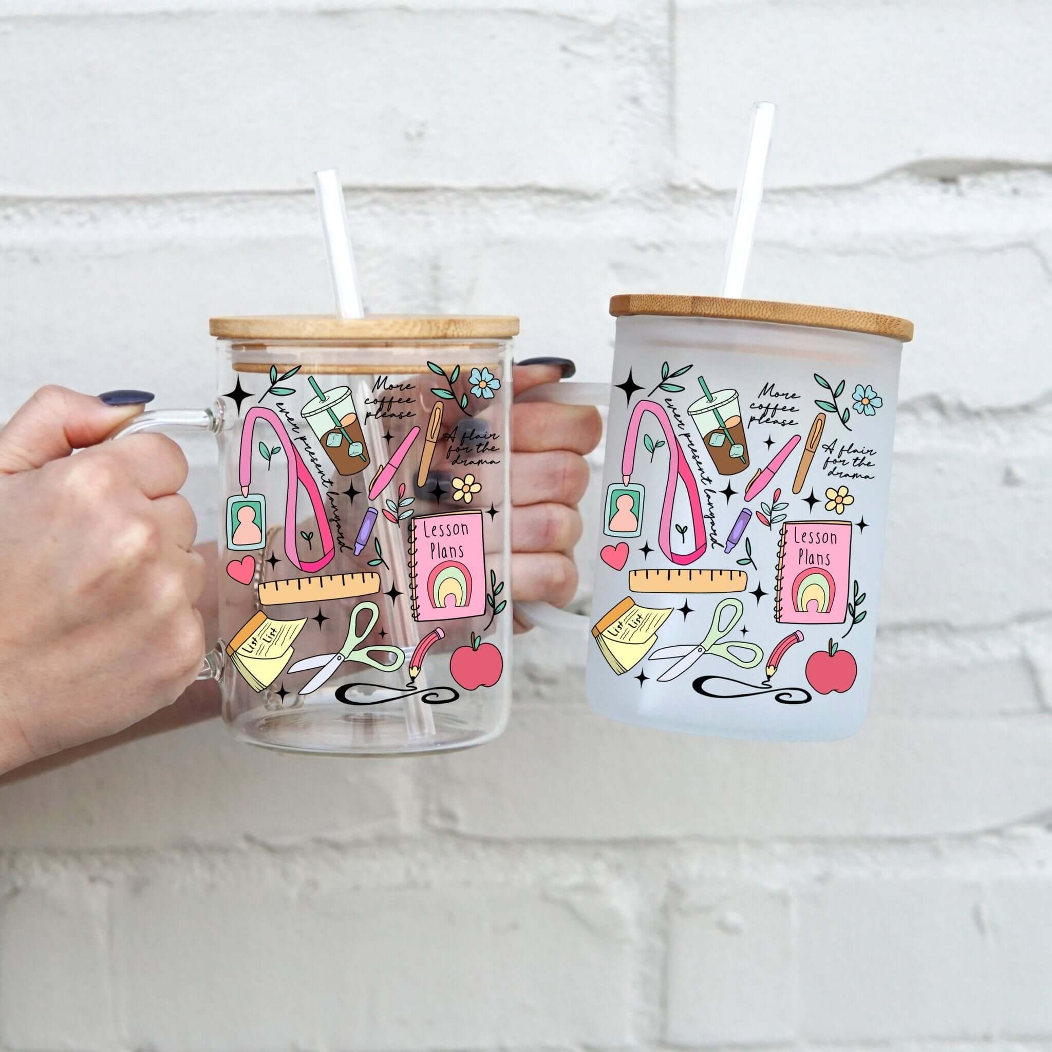 Sip-Sip Hooray! - Wholesale Drinking Glass/Cup - Teacher 17oz Glass Mug With Lid and Straw0