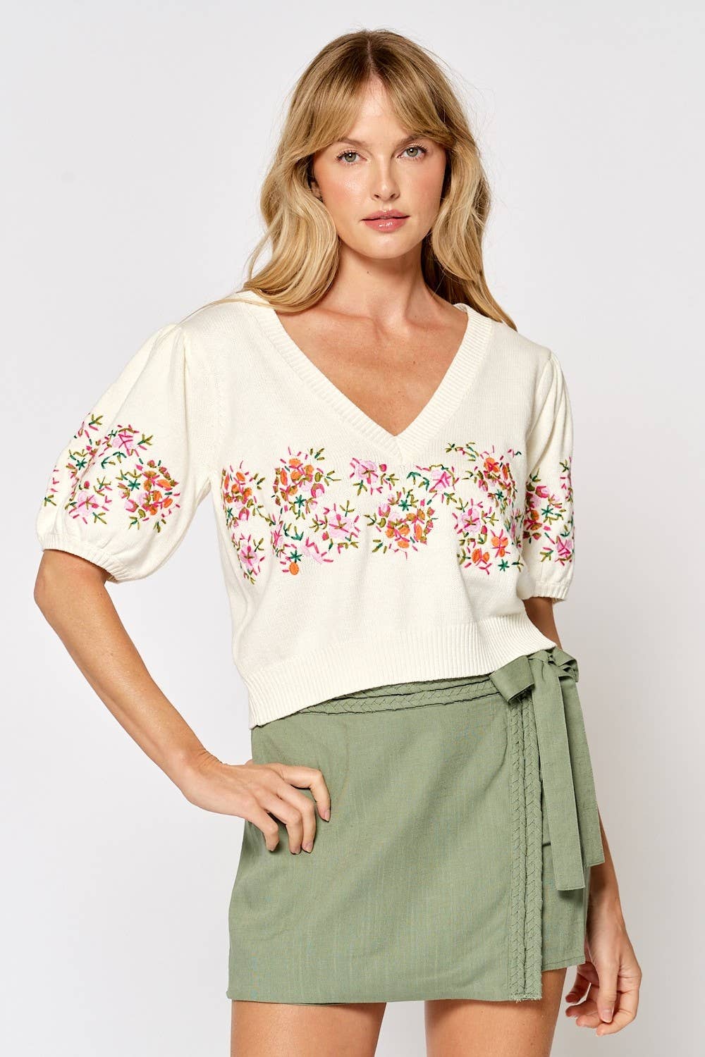 CREAM ILT5011 Floral Embroidered Short Puff Sleeve Sweater Top  for wholesale on Faire1