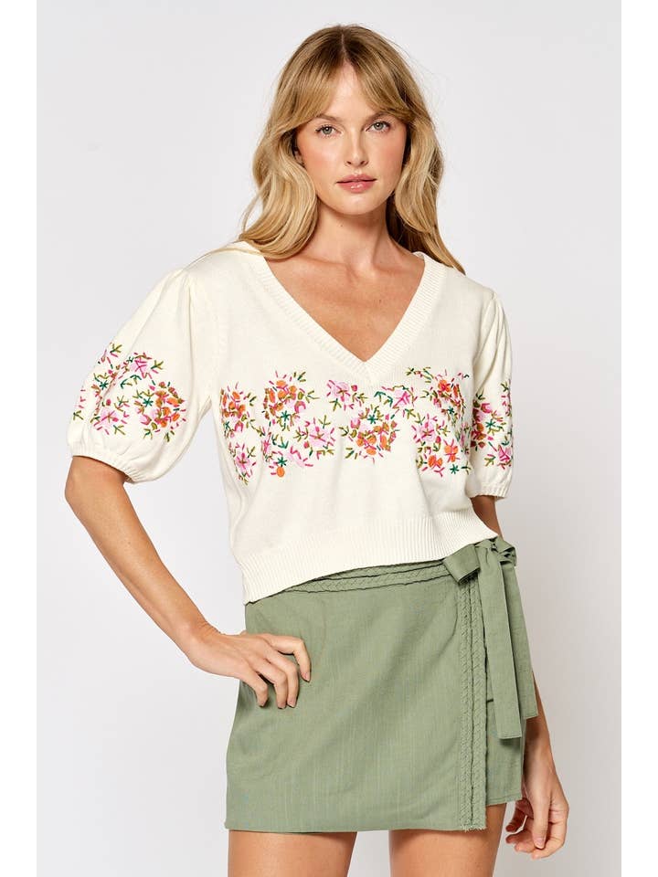 CREAM ILT5011 Floral Embroidered Short Puff Sleeve Sweater Top for wholesale on Faire1