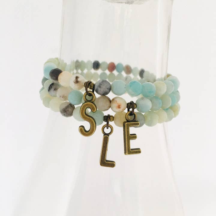 Amazonite & Bronze Initial Charm Stretch Bracelet for wholesale by HL Stacks