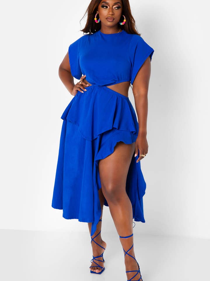 Selfie Ready Cut Out High Slit Midi Skater Dress - Royal Blue for wholesale on Faire1