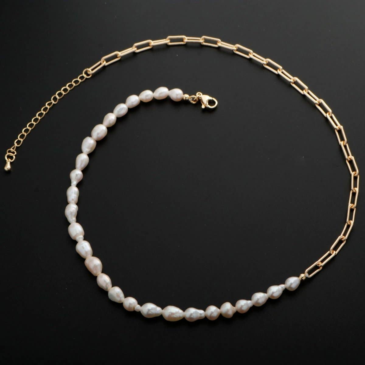 Aim Eternal - Wholesale Beaded/pearl necklace - 18k Gold Filled Freshwater Pearl Half Chain Necklace Paper Clip Link 16 inch + 2" extender Length Handmade Minimalist Jewelry | WA-331 Clearance Pricing4