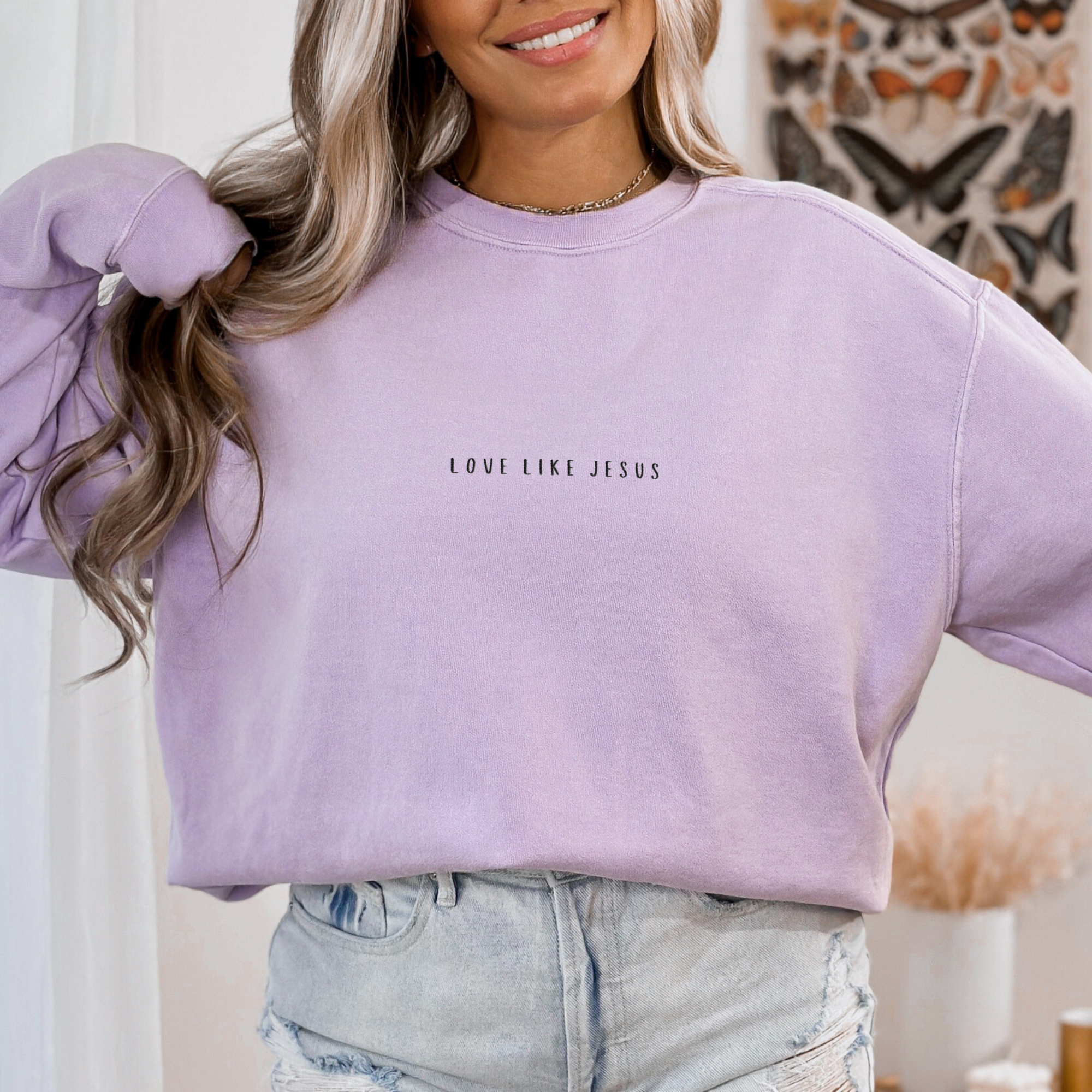 Scripted Pearl - Wholesale Sweatshirt - Women's - Love Like Jesus Embroidered Comfort Colors Sweatshirt3