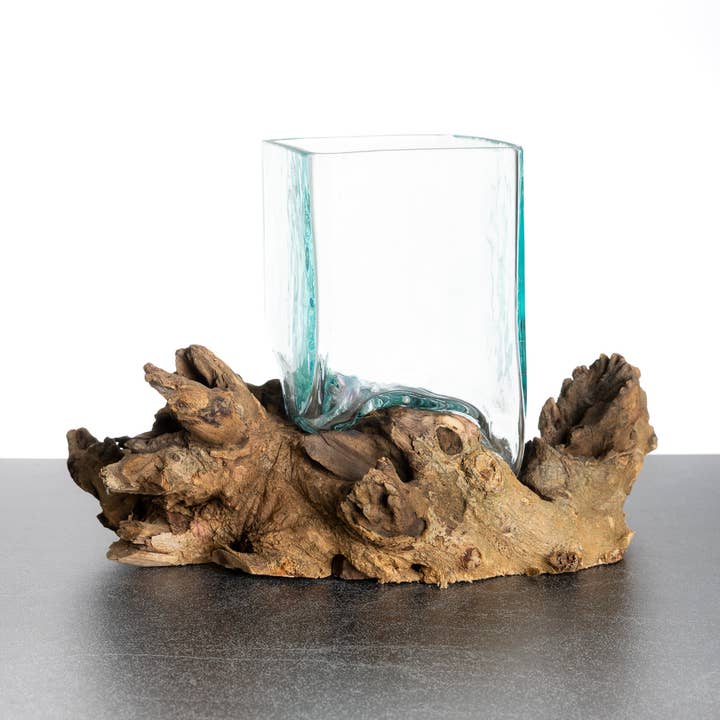 Vaso quadrato in vetro su radice di gamal - circa 12 cm di diametro per la vendita all'ingrosso da parte di Cohasset Gifts