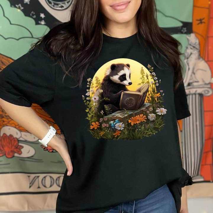 Vivtrek - Wholesale Screen Printed T-Shirt - Women's - Badger Reading Book Cottagecore Wildflower Library T-Shirt8
