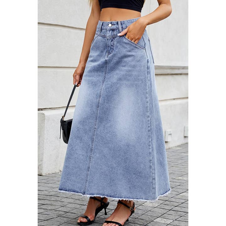 High Waist Loose Pockets Long Denim Skirt for wholesale by Paperdoll