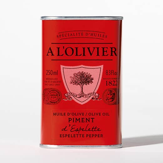 Espelette Pepper Aromatic Olive Oil, A L'Olivier 250ml tin for wholesale by Gourmet Food Solutions, Inc.