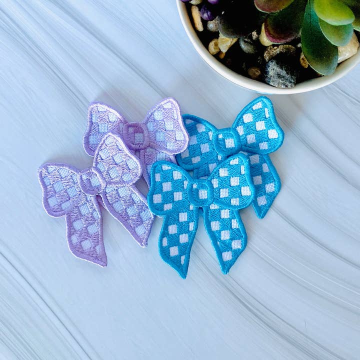 Checkered bow embroidered hat patch for wholesale by R & R Stitched