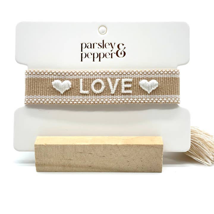 ❤ LOVE ❤ statement bracelet woven, embroidered for wholesale by Parsley & Pepper