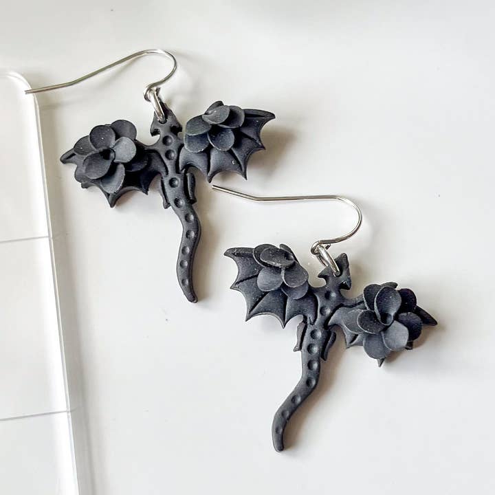 Black monochrome dragon earrings | sterling silver for wholesale by Retrochrome Creations