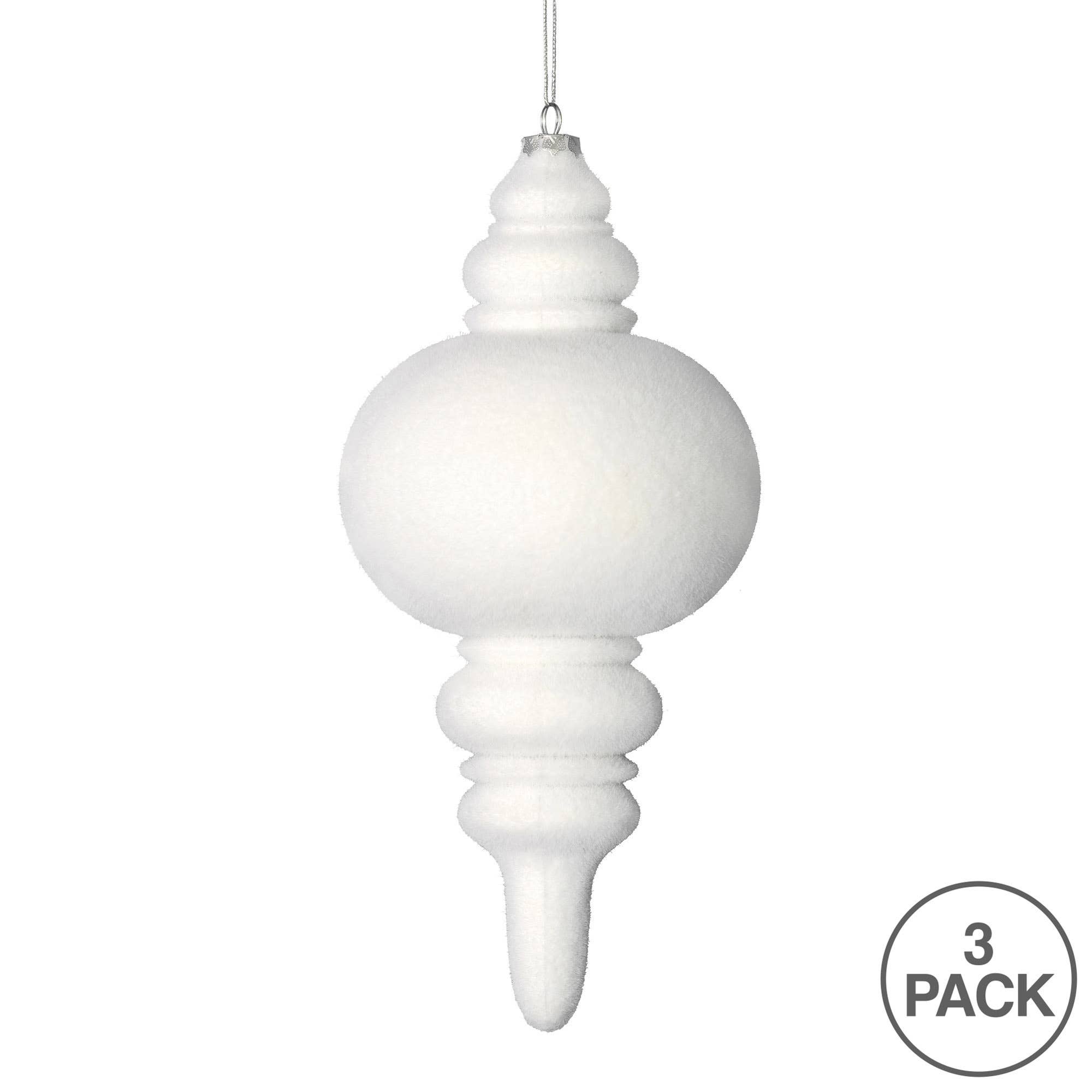 Vickerman 10" White Flocked Finial Ornament, Pack of 3 for wholesale on Faire2